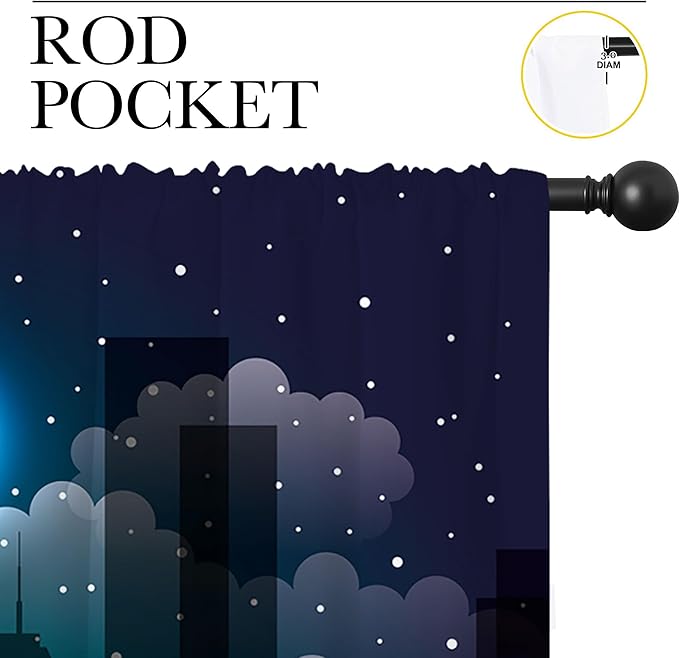 Superhero Rod Pocket Blackout Curtains for Boy Girl Bedroom, Violet Night Sky Buildings Cityscape Thermal Insulated Home Window Drapes for Living Room Darkening, 72x63 inch