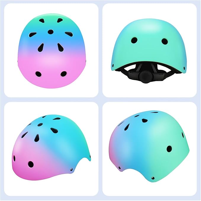 Color Gradient Adjustable Kids' Helmet with Knee & Elbow Pads Set | Multi-Sport Safety Gear for Boys & Girls Ages 5-14 | Skateboarding, Scooters, Roller & Inline Skating, Longboarding