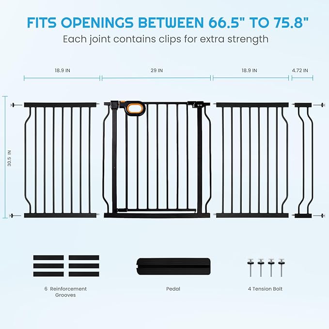 Owlie Baby Gate with Door 66-75 Inch, Extra Wide Stair Gates for Kids Adjustable Wide Dog Pet Gate Stairway Large Baby Gates Pressure Mount for Pets for House Stairway Doorway Black (30.5'' Tall)