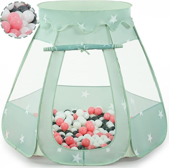 Baby Ball Pit Tent with 50 Balls - For Toddlers, Pink/White/Gray Princess Playhouse with Carry Bag, 109x90cm