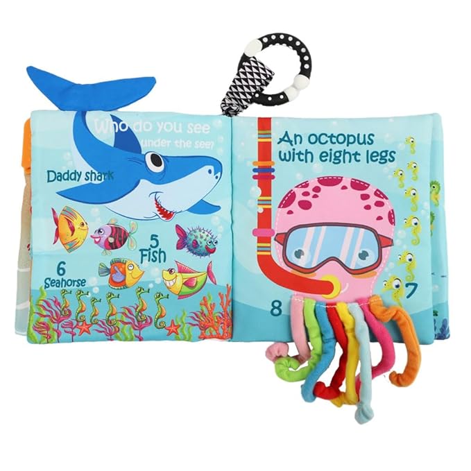 Cloth Crinkle Books for Babies Toddler – Touch and Feel Soft Baby Books, Interactive Early Learning Toys for Infants 0-6-12-18 Months Gift, Teething Toy with Teether, Fish, Octopus, Shark