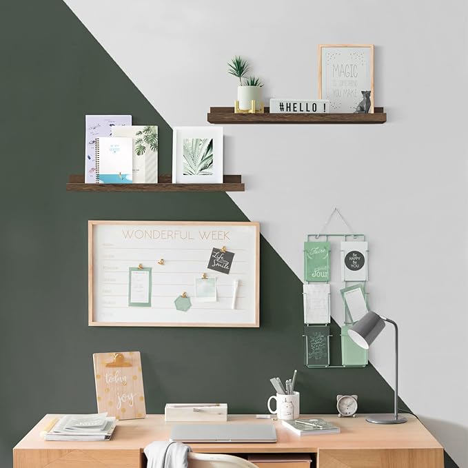 Forbena Rustic Picture Ledge Shelf Set of 4, Floating Picture Shelves for Wall with Lip, Wood Photo Ledge Shelves for Bedroom, Living Room, Office, Wall Decor (23.1 Inch Wide, Dark Brown)