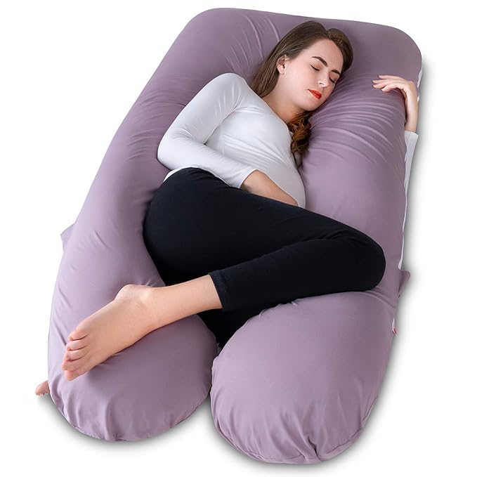 Meiz U Shaped Sleeping, Cooling 60‘’ Maternity Pillow for Pregnant Women with Jersey Cover, Purple