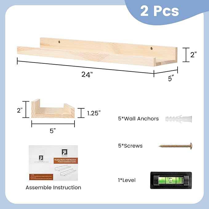 Picture Ledge Shelf for Wall, 24 inch Solid Pine Wood Nursery Book Shelves 2 Packs, Floating Ledge Shelves for Kids' Room Bedroom Bathroom Living Room Photo Frames Office Nursey Wall Decor, Natural
