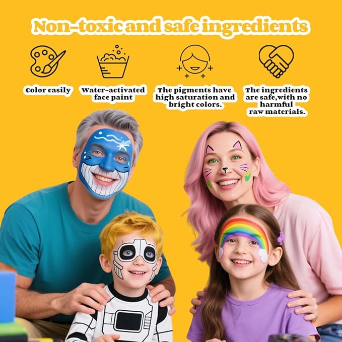Face Painting Kit for Kids & Adults, Non-Toxic Water Based Face Paint Palette with12 Rainbow Split Cakes +4 Sequins Gels, Includes Brush, Stencils, Gem Sponge & Glow Stickers Halloween Body Paint