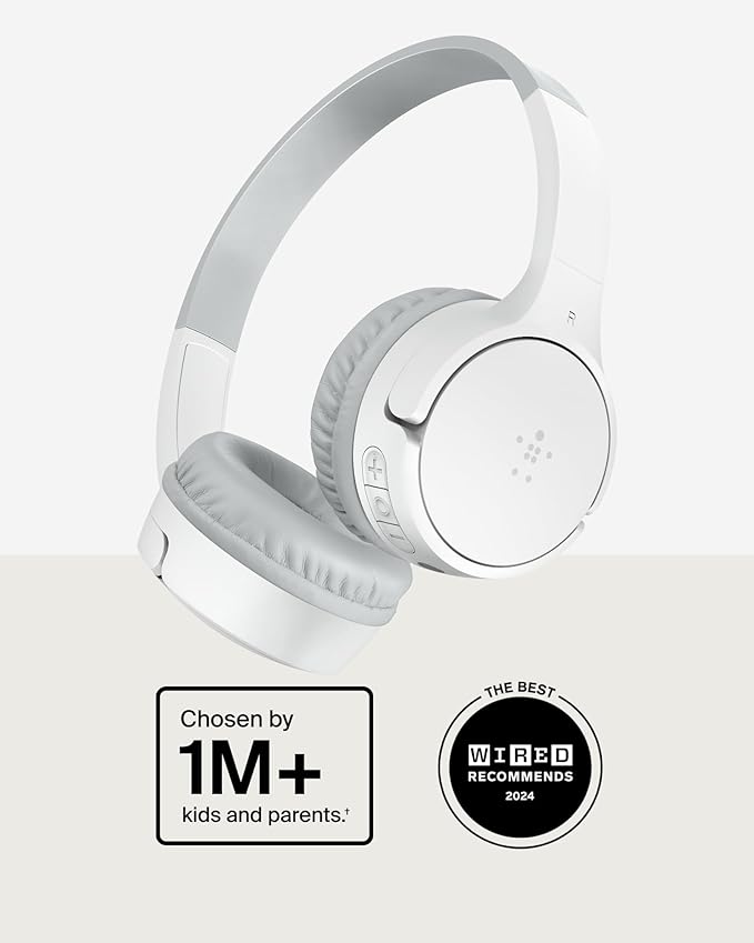 Belkin SoundForm Mini - Wireless Bluetooth Kids Headphones, 30H Battery, 85dB Safe Volume Limit, Built-in Microphone - Toddler On-Ear Earphones for iPhone, iPad, Fire Tablet, Ideal for School - White