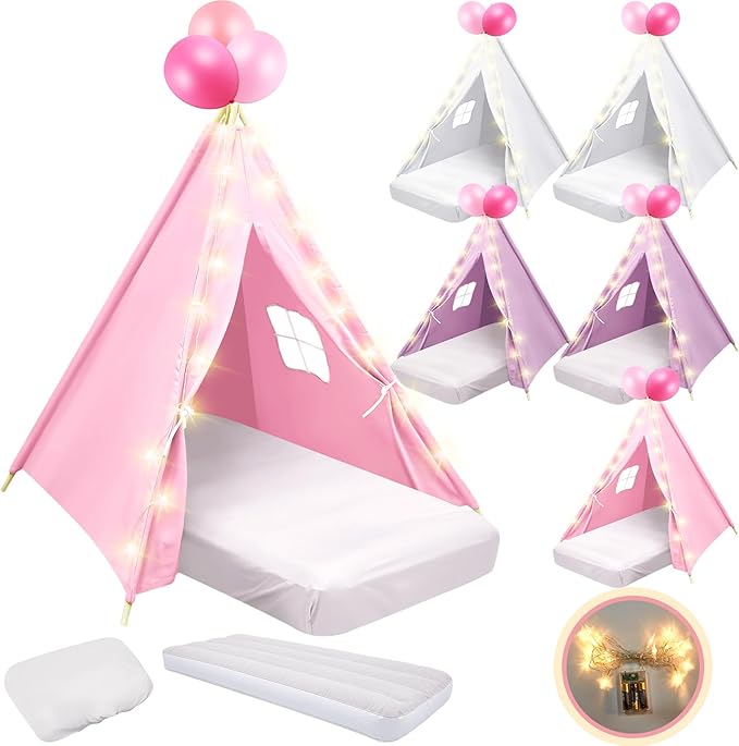 6 Pack Sleepovers Teepee Tent for Kids Bulk with Mattress Sheet Light,Natural Cotton Washable Indoor Play Tent for Birthday Slumber Party Girls Boys Pajama Movie Night Supplies(Pink, Purple, White)