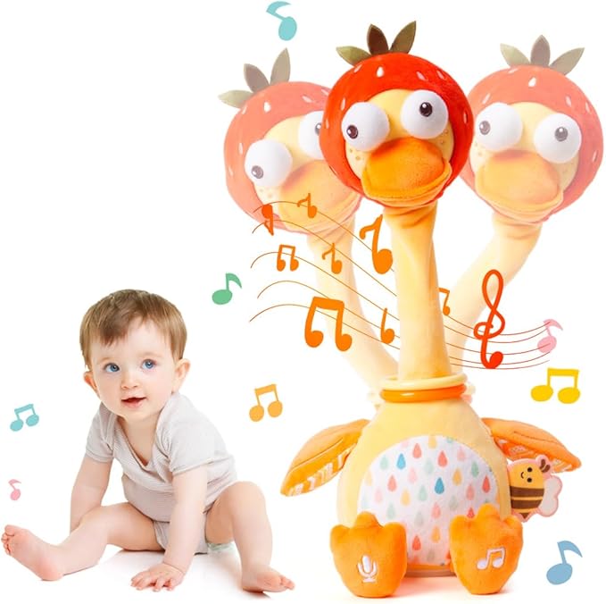 Jollybaby Plush Talking Singing Dancing Musical Strawberry Duck Toy for Toddlers 1-3 Just Like Cactus Toy, Music Mimicking Interactive Toys for Crawling Kids, Sensory Gift for Baby 0-6-12 Month