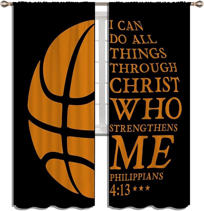 Basketball Blackout Curtains for Boy Girl Room Darkening Decor,Sport Theme and Motto Dark Background Bedroom Living Room Home Rod Pocket Thermal Insulated Window Curtain/Drapes Panel,84x63 Inch…
