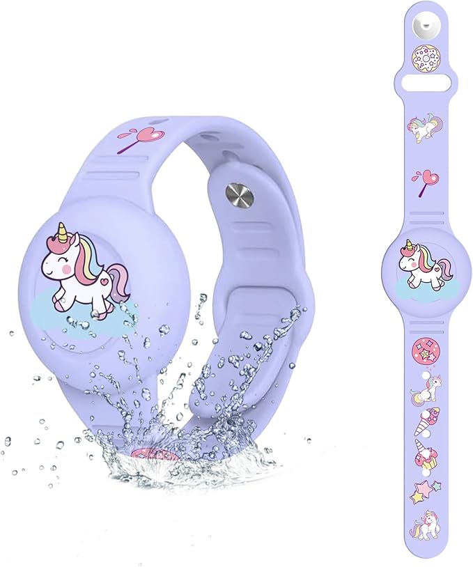 Waterproof Airtag Bracelet Kids,Cute Cartoon Silicone Hidden Airtag Wristband Kids,Anti-Lost Apple Airtag Holder Case for Toddler,Airtag Case Watch Band Tracker for Child-Purple
