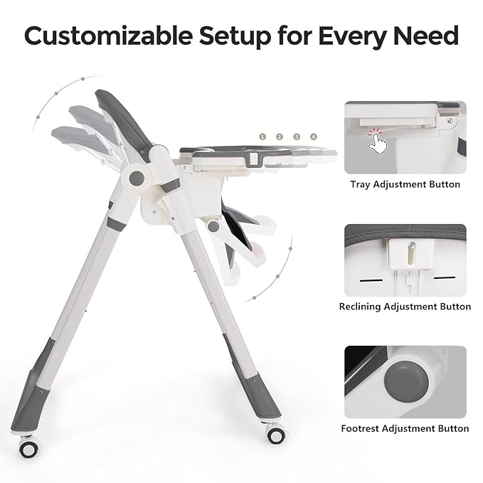 3-in-1 Foldable High Chair for Babies & Toddlers – Adjustable Height, Reclining Seat, 5-Point Safety Harness, Removable Tray, Lockable Wheels, Washable Cushion – Portable & Easy Clean, Grey