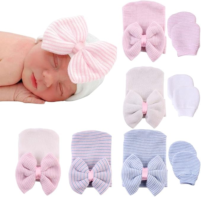 Baby Caps and Mittens Newborn Hospital Beanie Hats No Scratch Gloves Soft Babies Gift Set for Boys Girls