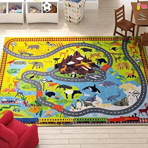KC Cubs 5x7 Animal Safari Toy Car Road Rug – Educational Play Mat Carpet for Kids, Toddlers, Nursery, Classroom, Playroom, Baby Daycare, Boys & Girls