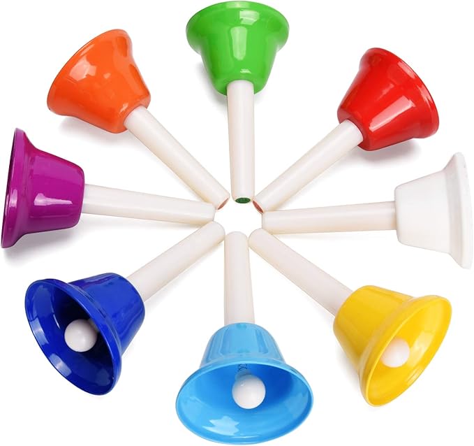 Facmogu 8 Pack Handbells Set, Colorful 8 Note Diatonic Metal Music Bells, Percussion Instrument Bells, Musical Handbells Set for Festival Musical Teaching Church Chorus Wedding Family Birthday Party