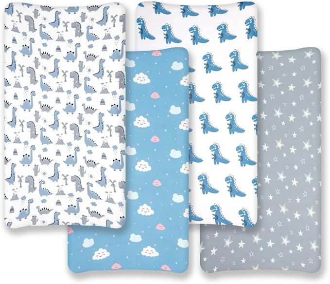 4 Pack Soft Baby Boy Sheets Dinosaur Star Cloud Soft Polyester Neutral Unisex Fitted Sheets Set for Baby Boys