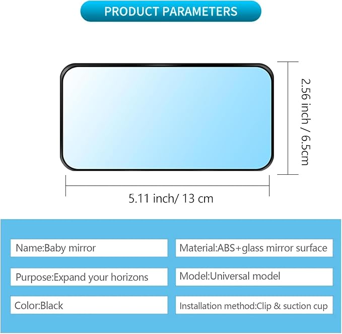 Universal Car Interior Rearview Baby Mirror Wide Angle Convex Mirror Clip-on & Suction Cup mirrors for Viewing Rear Passengers（5.11' X 2.56'）