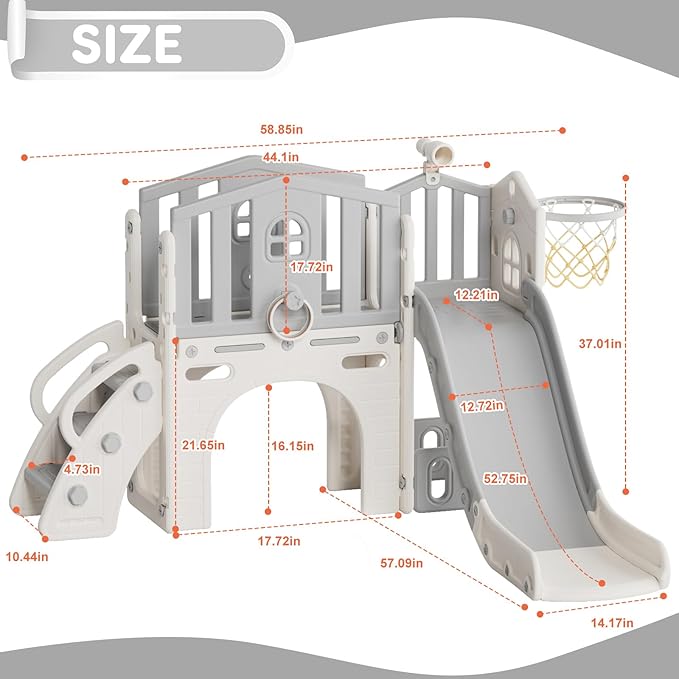 YUFU 8 in 1 Toddler Slide Set, Kids Slide for Toddlers Age 1-3, Toddler Playset with Climber, Basketball Hoop and Ball, Outdoor Indoor Playground for Toddlers 1-3 (Beige+Gray)