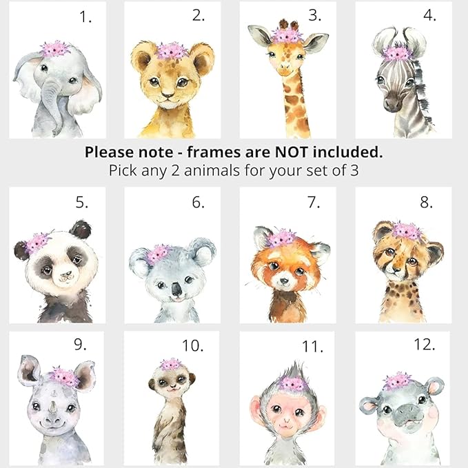 Personalized Safari Animals for Baby Girls Nursery, Set of 3 Unframed Poster Prints, Personalized Name Pink Lilac Floral, Girls Bedroom Decor, Elephant Giraffe (12x16)