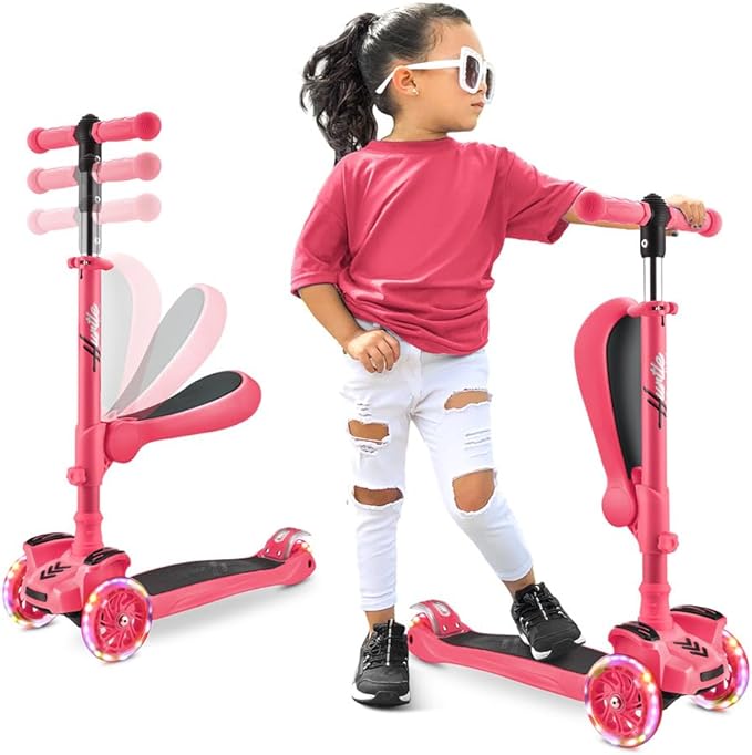 Hurtle 3-Wheeled Scooter for Kids - Wheel LED Lights, Adjustable Lean-to-Steer Handlebar, and Foldable Seat - Sit or Stand Ride with Brake for Boys and Girls Ages 1-14 Years Old