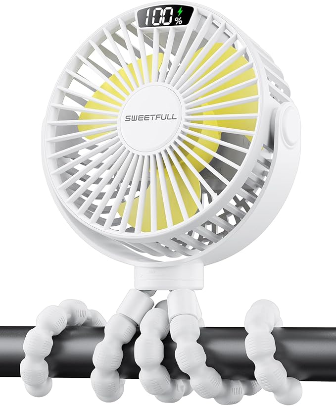 SWEETFULL Portable Stroller Fan with Display 4000mAh Battery Powered Mini Clip On Fan, 4-Speed Rechargeable Small Personal Cooling for Baby Car Seat Crib Travel - White