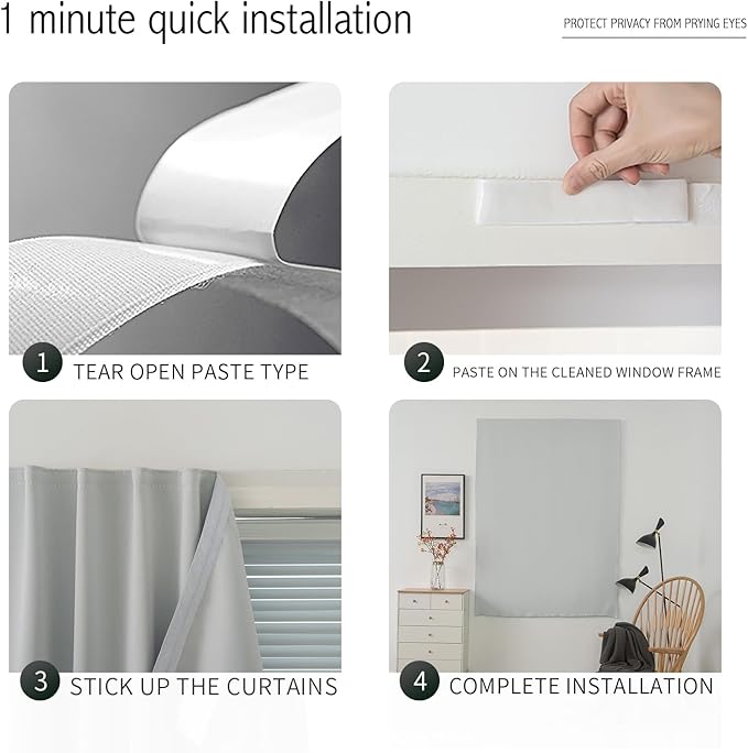 self Adhesive Curtains Portable Blackout Curtain Simple and Easy to Install Bedroom Window Thermal Lnsulated Kitchen Room Darkening Black Small Drapes, 35" W X 79" L, White, 1 Panel