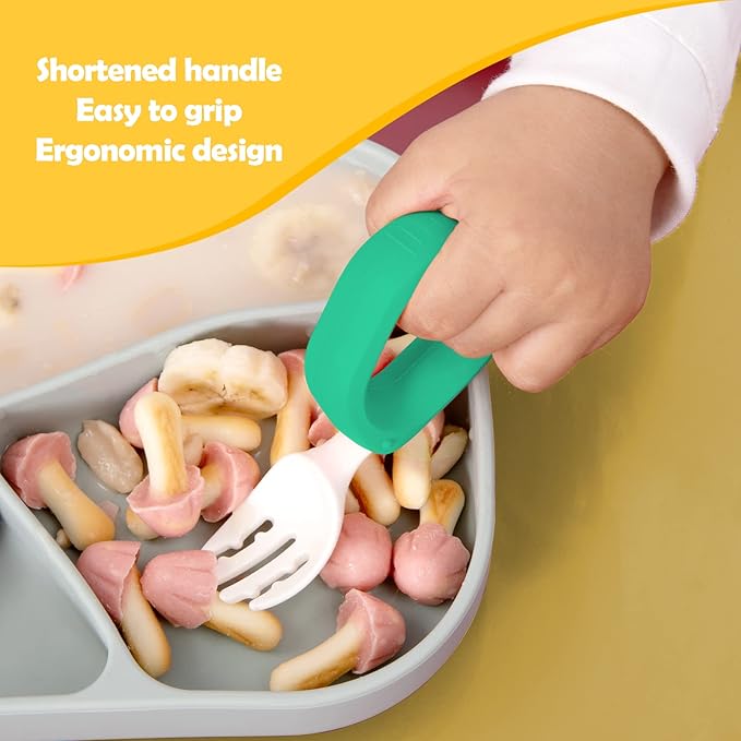 Baby Self Feeding Training Spoon and Fork Set with Travel Case, BPA-Free Cute Circle Toddler Training Utensils, Silicone/ABS Great Tableware Set Spoons Fork for Kids(Deep Green & Light Yellow)
