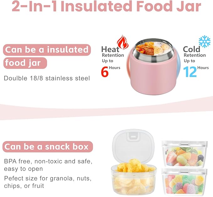 2-in-1 Insulated Food Jar & Snack Container - 15oz Kids Soup Thermos for Hot Food with Handle and Spoon, Leak Proof Reusable Toddler Snack Box, Perfect for School & Travel, Pink