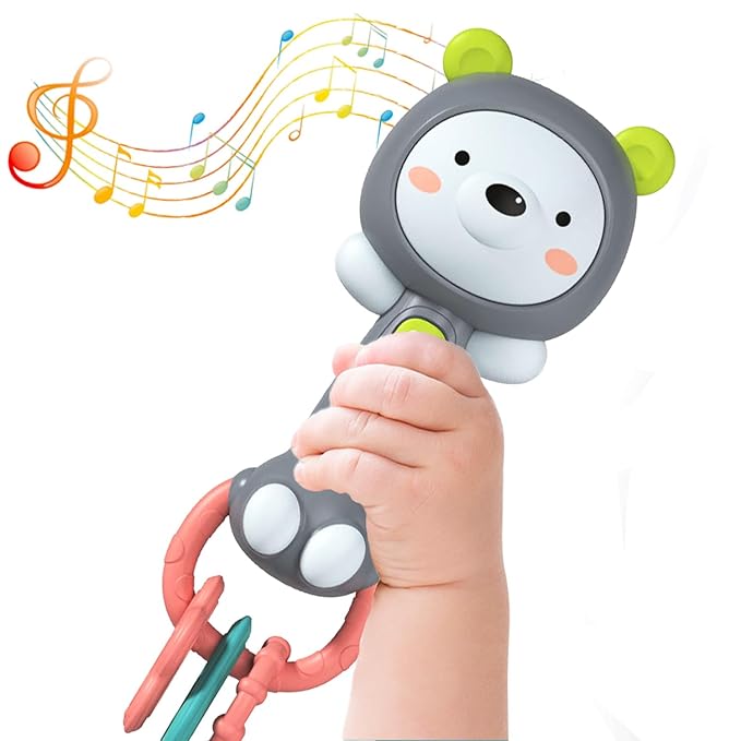 Baby Music Rattle, Teething Toys for Infants 6-12-18 Months Toddlers, Light-Up & Chew Sensory Toys for Baby Boy Girl Gifts (Grizzlies)