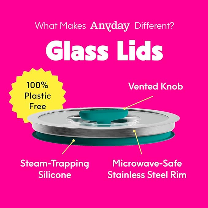 Anyday 8-Cup Microwave Cookware & Glass Container with Glass Lid, Plastic-Free Deep Food Storage | Stackable Airtight Steamer with Vented Lid for Microwave-Safe Reheating, Steaming Vegetables & Rice
