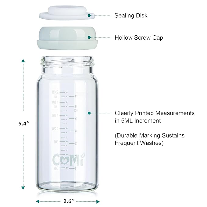 COMI Wide Neck Glass Breastmilk Collection n Storage Bottle, 8oz with Screw Ring Sealing Disk; Re-markable Sealing Disc. BPA Free, Fits Breast Pumps & Nipples (4 Gray Lids)