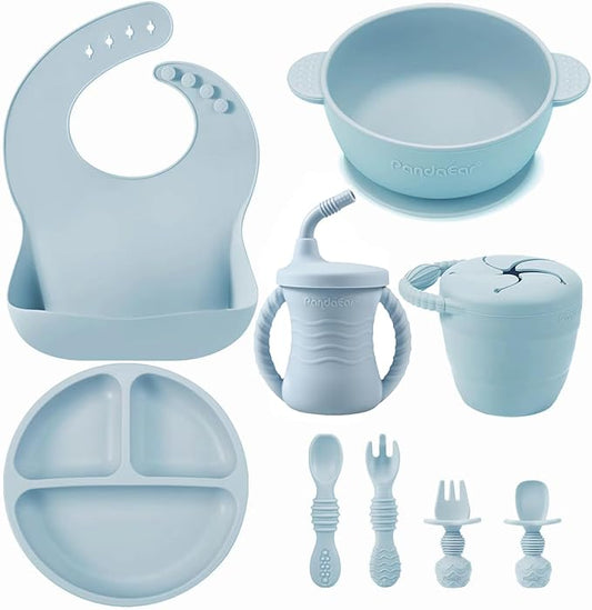 PandaEar Silicone Baby Feeding Set | 9PCS Baby Led Weaning Supplies Self Feeding Utensils | Divided Suction Plate Bowl Bibs Sippy Cup with Baby Snack Container Spoons Forks (Blue)