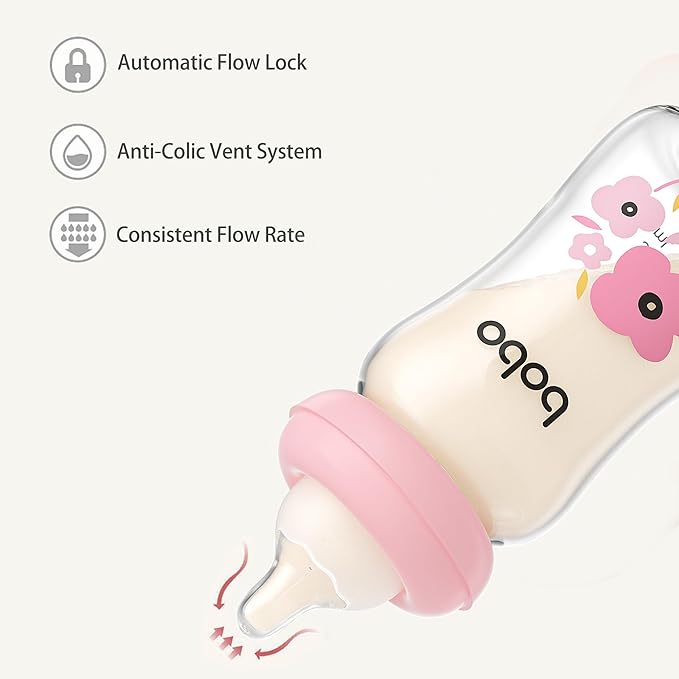 YOHKOH Natural Glass Baby Bottle with Natural Response Nipple, Newborn Anti-Colic Baby Bottles, Wide Neck Mushroom Cap Baby Bottle, Clear ((5.4oz (Pack of 4), Red-1)