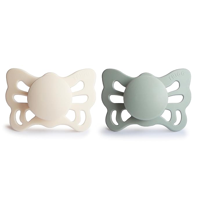 FRIGG Butterfly Anatomical SilkySoft Silicone Baby Pacifier | Made in Denmark | BPA-Free (Cream/Sage, 0-6 Months)