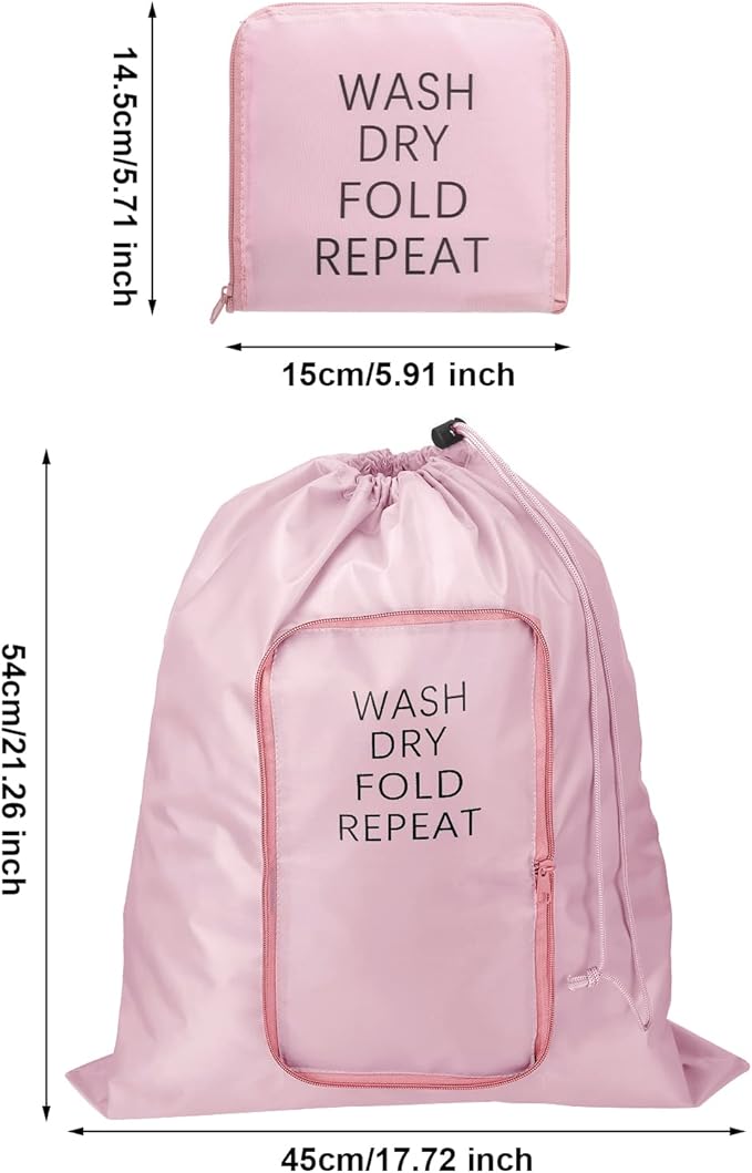 2 Pcs Travel Laundry Bag Washable Dirty Clothes Bag with Drawstring and Zipper for Suitcase, 22 x 18 Inch (Pink,Classic)