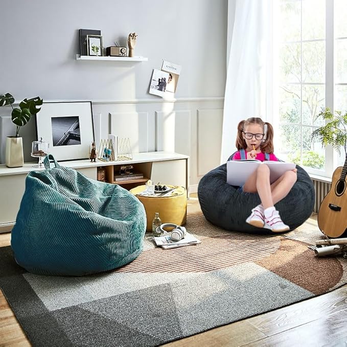Classic Bean Bag Chair, with Faux Rabbit Fur Cover for Teens and Kids, Memory Foam Bean Bag Chairs, Ultra Soft Faux Fur Fabric, 2.5 feet Round Fluffy Bean Bag Sofa