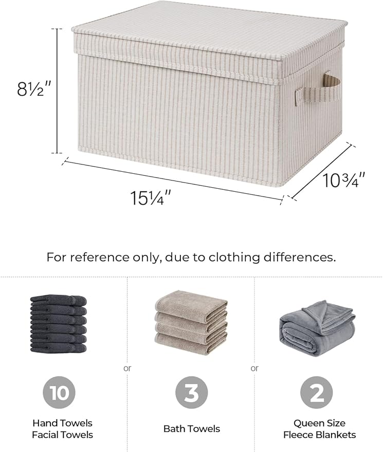 StorageWorks Large Storage Bins with Lids, Decorative Storage Boxes with Lid and Handles, Foldable Storage Baskets for Closet, Shelves, Stackable, Khaki Stripe, 3-Pack