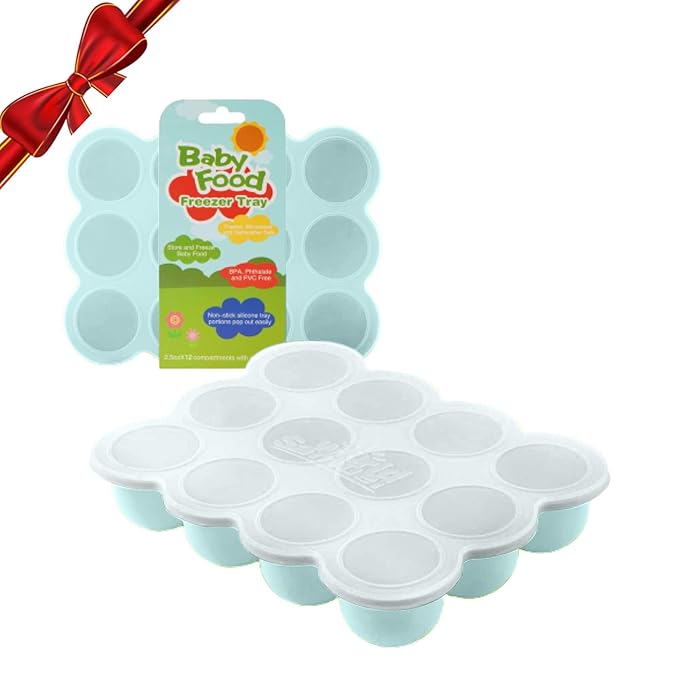 Samuelworld Baby Breast Milk and Food Storage Container, 12 Portions x 2.5oz, Stackable Food Grade Silicone Tray with Clip-On Hard Lid for Homemade Purees, Vegetables & Fruits - Teal