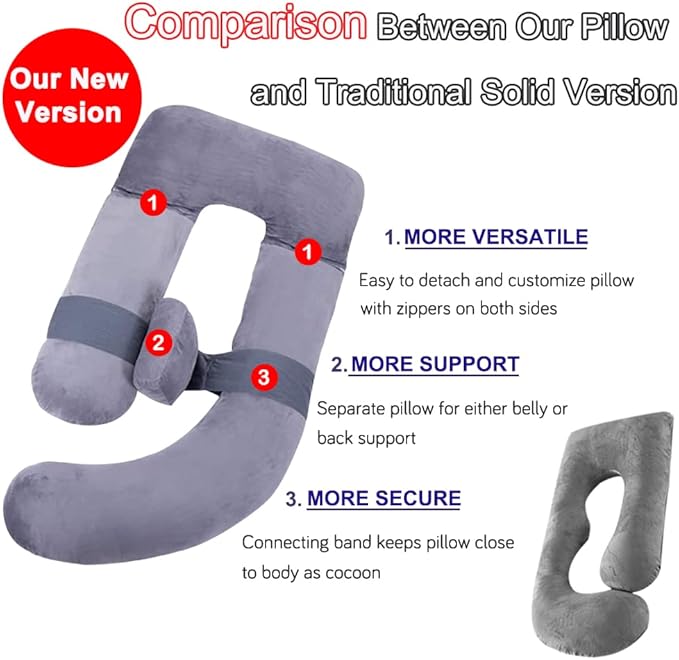 AS AWESLING 60in Full Body Pillow | Nursing, Maternity and Pregnancy Pillow | Extra Large U Shape Pillows with Detachable Side, Separate Support Pillow and Removable Cover (Velvet and Jersey Grey)