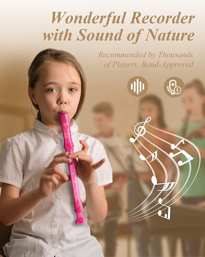 Eastar Soprano Recorder Instrument for Kids Students Beginners, German fingering C Key with Cleaning Kit, Storage Bag, Fingering Chart, ERS-1GP, Pink, School-Approved