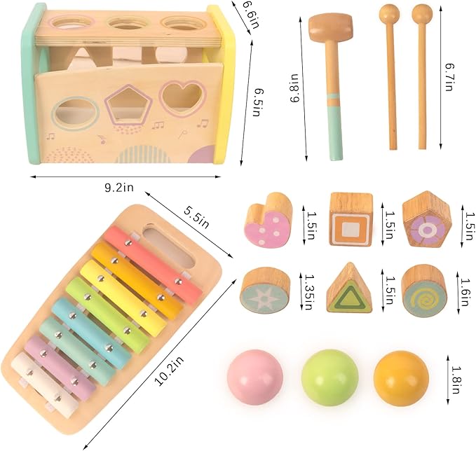 Hammering Pounding Toys Wooden Educational Toy Xylophone Shape Sorter, Birthday Gift for 1 2 3 Years Boys Girls Baby Toddler Kids Developmental Montessori Learning Toy (Yellow)