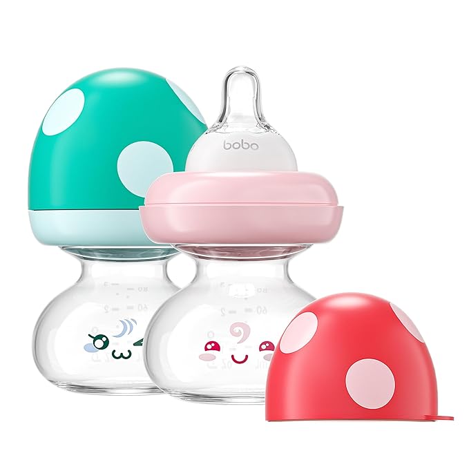 YOHKOH Newborn Glass Baby Bottles with Slow Flow Nipple for 0+ Months, Wide Neck Feeding Bottle, 2.7oz/80ml (Multicolour, 2.7oz (Pack of 2))