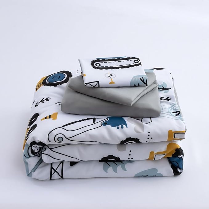 NTBED 4 Pieces Construction Toddler Bedding Set for Baby Boys,Tree Truck Vehicles Excavator Cars Printed, Includes Comforter, Flat Sheet, Fitted Sheet and Pillowcase,Light Grey