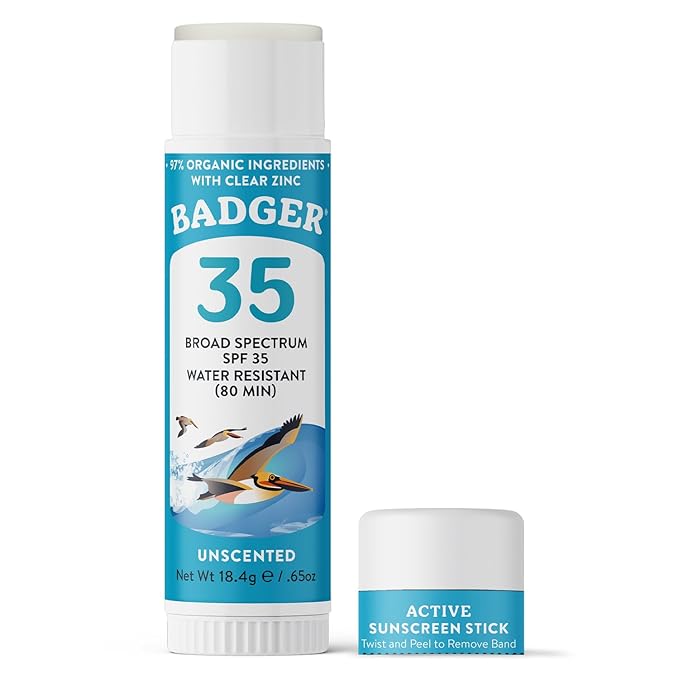 Badger Mineral Sunscreen Face Stick SPF 35, 97% Organic Unscented Zinc Oxide Travel Sunscreen, Coral Reef Safe Travel Size Stick, .65 oz