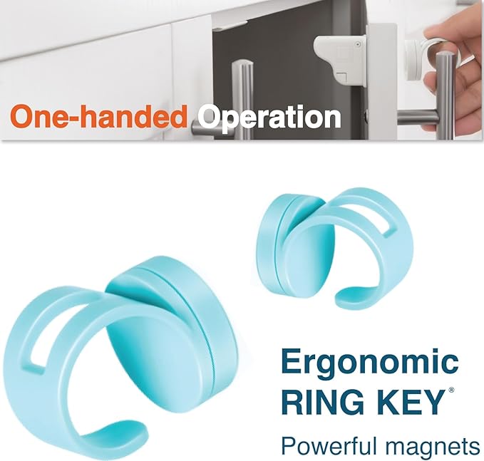 Roving Cove Ergonomic Magnetic Cabinet Baby Locks 12-pk, Child Proof Drawer Cupboard Latches, Adhesive, Easy Install with Starter Tape System