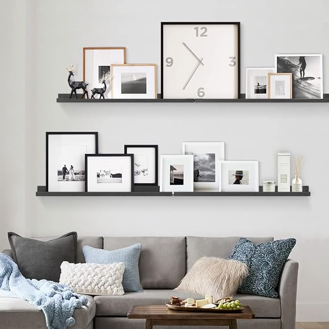 Forbena Black Photo Picture Ledge Shelf Set of 4, 36 Inch Floating Shelves with Lip for Wall, Narrow Wood Wall Shelf for Living Room Bedroom Office Album Frames Classroom Library, Conn 2 as 72 In Long