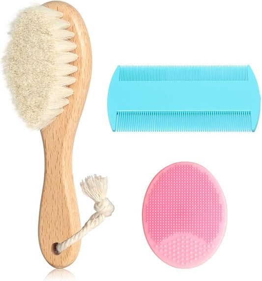 Goat Baby Hair Brush Set, Safe Natural Hair Care Kit with Wooden Soft Bristles Hairbrush Comb Pink Silicone Bath Brush for Newborns Toddlers (3pcs Set)