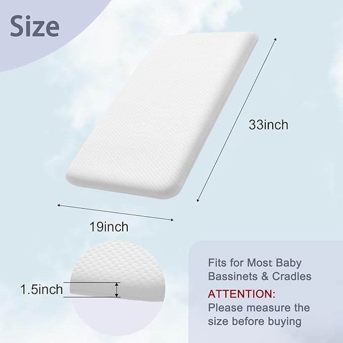 Lisara Baby Bassinet Mattress Pad, 33 x 19 Dual Sided Gel Memory Foam Mattress with Waterproof, Removable Ice Silk Cover, Fit for ANGELBLISS/Jimglo 3 in 1 Bassinet, BabyBond and Cowiewie Bassinet