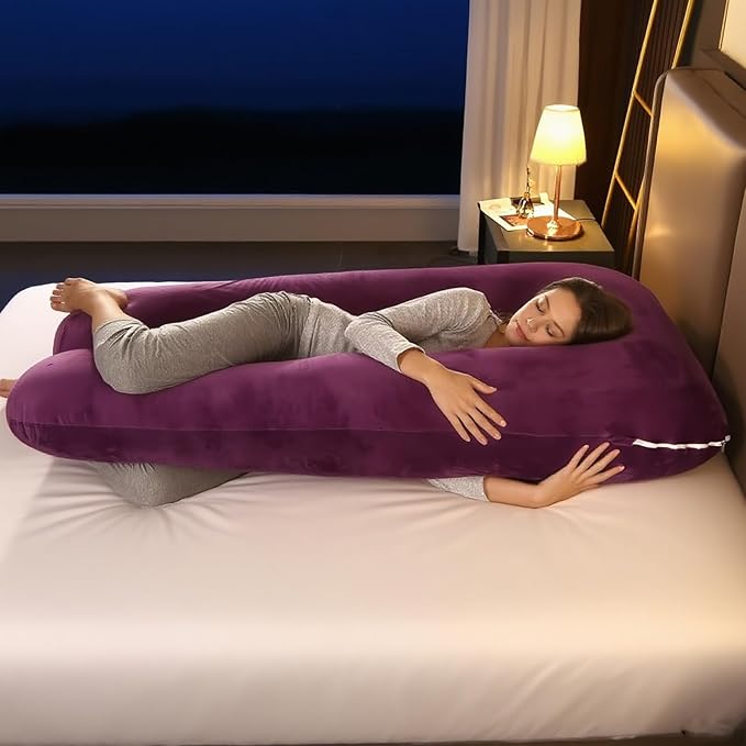 Amagoing 55 inches Pregnancy Pillows for Sleeping, U Shaped Maternity Full Body Pillow for Pregnant Women with Hip, Leg, Back, Belly Support, Washable Velvet Cover Included (Dark Purple)