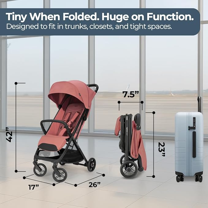 Inglesina Quid³ Stroller, Aurora Pink - Compact Reclining Travel Stroller for Baby & Toddler 0-55 lbs, One Hand fold, Car seat Compatible, Airplane Overhead, Lightweight, Foldable, XL UPF 50+ Canopy