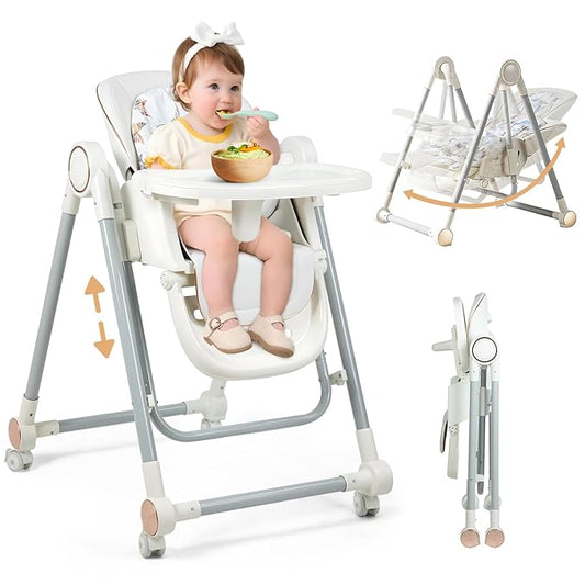 Foldable High Chair for Babies and Toddlers，Baby Swings for Infants 6-36 Months Old, Portable Baby Chair with Adjustable Backrest, Footrest, Tray, and Seat Height, Detachable Leather Cushion